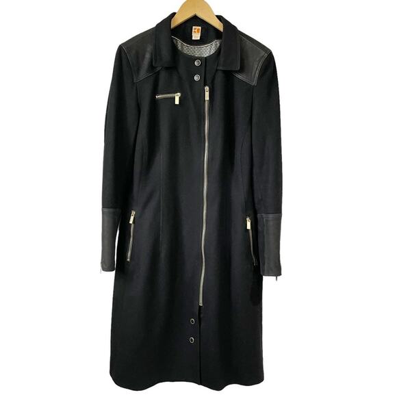 Boss Orange Wool Cashmere Blend Zip Button Trench Coat Vegan Leather Cuffs Sz 8 - Picture 1 of 13